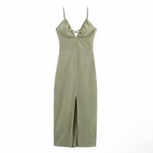 Sleek Olive Green Spaghetti Strap Dress